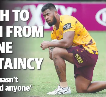  ??  ?? Payne Haas limbers up at Brisbane Broncos training at Red Hill.
Photo: Liam Kidston