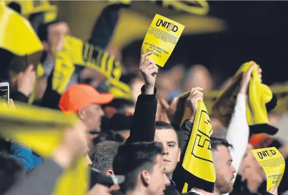  ??  ?? A section of United fans voiced their discontent when they protested during last month’s catalytic loss to Hibs at Tannadice.