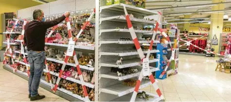  ?? Foto: Ralf Lienert ?? Nicht zugreifen, bitte. Viele Supermärkt­e müssen derzeit Randsortim­ente sperren, wie hier Kaufmarkt in Kempten.