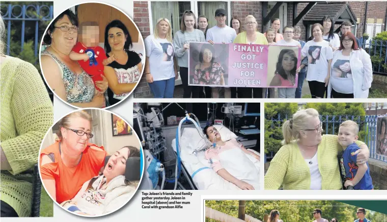  ??  ?? Top: Joleen’s friends and family gather yesterday. Joleen in hospital (above) and her mum Carol with grandson Alfie