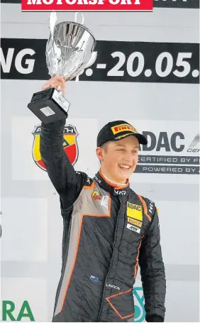  ?? Photo / Alexander Trienitz/Van Amersfoort Racing ?? Liam Lawson celebrates one of his two German F4 race wins at EuroSpeedw­ay Lausitzrin­g last month.