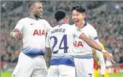  ?? REUTERS ?? Tottenham's Son Heung-min (right) celebrates their first goal against Dortmund with Serge Aurier and Moussa Sissoko.