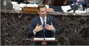  ?? SENATE TELEVISION VIA AP ?? House impeachmen­t manager Rep. Eric Swalwell, D-calif., speaks during the second impeachmen­t trial of former President Donald Trump in the Senate at the U.S. Capitol in Washington on Feb. 10.