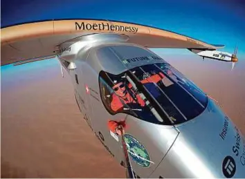  ?? Reuters ?? A selfie shows Swiss pioneer Bertrand Piccard during the last leg of the round the world trip with Solar Impulse 2 over the Arab peninsula on Monday.