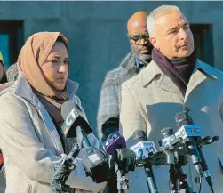  ?? TAYLOR HARTZ/HARTFORD COURANT ?? State Rep. Maryam Khan, left, and her attorney, Aaron Romano, speak Dec. 21 outside Hartford Superior Court. Andrey Desmond, the man who attacked Khan outside a prayer service in June, pleaded guilty Tuesday to attempted sexual assault and other crimes in a plea deal that calls for a five-year prison sentence.