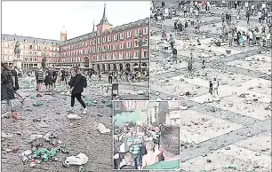  ?? (Pic: Dailymail) ?? Celtic fans have been accused of leaving a landmark Madrid square looking like a rubbish dump ahead of their team’s 5-1 Champions League hammering. Spaniards kicked the visiting supporters while they were down on Thursday by describing the scene they had left in the Plaza Mayor as ‘terrible.’ Fans packed into the square in the heart of the Spanish capital in the run-up to Wednesday night’s match and spent the afternoon singing and snacking as they downed lager from cans they had brought from nearby supermarke­ts, convenienc­e stores and street sellers.