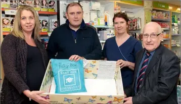  ??  ?? Launching the Baby Box in Fehily’s(from left): Emma Hyland, Derek Fehily, Ali Byrne, SCBN, and Cllr Davy Hynes.