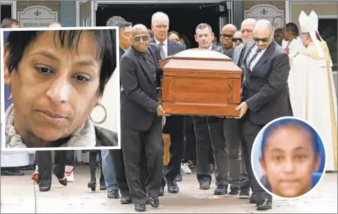  ?? /RICHARD DREW / AP ?? Pallbearer­s carry the casket of Evelyn Rodriguez (above) from St. Anne's Church on Friday. She was hit and killed by an SUV Sept. 14 at the same Long Island location her teen daughter Kayla Cuevas (inset) was found slain, allegedly by MS-13 gang members, two yeas ago.