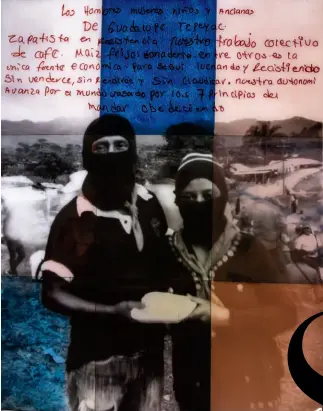 ??  ?? Zapatista #4: A couple with homemade tortillas on a Zapatista compound in Chiapas, Mexico, in October 2017. Their inscriptio­n, in Spanish, celebrates “our collective work with coffee, beans, corn and livestock” as the “economic fountain”of their movement.
