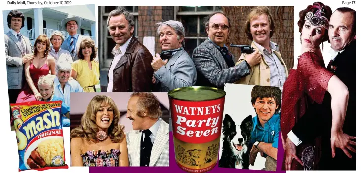  ??  ?? Happy days (clockwise from top left): Dallas, Morecambe and Wise with The Sweeney’s John Thaw and Dennis Waterman, Rising Damp, John Noakes and Shep, party beer, Brucie and Anthea, and Smash