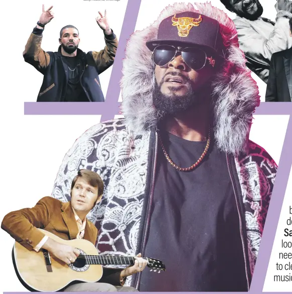  ?? Getty; Redferns; WireImage ?? R Kelly, centre, isn’t the only male music star who has been the subject of allegation­s or controvers­y, including, clockwise from below, Drake, Marvin Gaye, Dr Luke and Glen Campbell