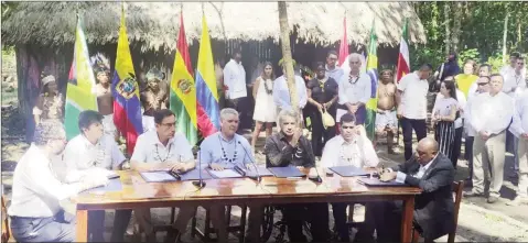  ??  ?? From left are Brazil’s Foreign Minister Ernesto Araujo, Bolivian President Evo Morales, Peru’s President Martin Vizcarra, Colombia’s President Ivan Duque, Ecuador’s President Lenin Moreno, Suriname’s Vice-President Ashwin Adhin and Minister of Natural Resources Raphael Trotman.