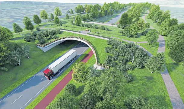  ?? ?? GREEN SCENE: An artist’s impression of the overpass, which will offer a safe route over the Cross Tay Link Road for pedestrian­s and wildlife.