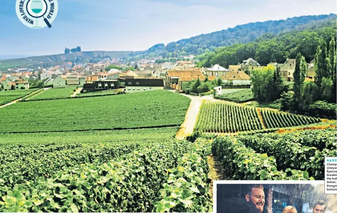  ??  ?? SANTÉ!
Champagne vineyards at Épernay, left; breaking open the bubbly, below; Anthony Peregrine, bottom left