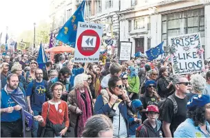  ?? CLAIRE DOHERTY TRIBUNE NEWS SERVICE ?? Brexit protesters march along Whitehall to call for a vote on the final Brexit deal on Saturday.