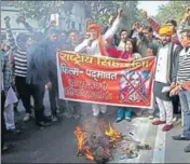  ?? PTI PHOTO ?? Rashtriya Singh Sena members raise slogans against the film Padmaavat in Meerut on Friday.