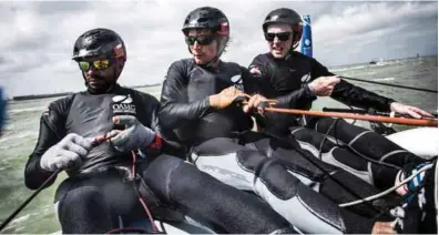  ?? – Supplied photo ?? GOING GOOD: Oman Airports by Oman Sail skippered by Stevie Morrison with Pierre Leboucher (FRA) and Abdulhaman Al Mashari (OMA) seen in action during the stadium racing close to the shore at Dunkerque, recently.