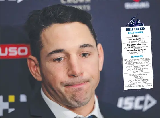  ?? Picture: GETTY IMAGES ?? Queensland and Melbourne great Billy Slater fights back tears as he announces his impending retirement.