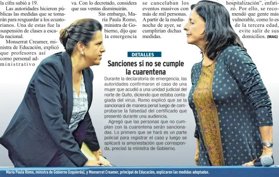  ??  ?? María Paula Romo, ministra de Gobierno (izquierda), y Monserrat Creamer, principal de Educación, explicaron las medidas adoptadas.