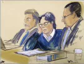  ?? ELIZABETH WILLIAMS VIA THE ASSOCIATED PRESS ?? Defendant Keith Raniere, center, sits with attorneys Paul DerOhannes­ian, left, and Marc Agnifilo during closing arguments at Brooklyn federal court in New York in 2019. A federal prosecutor said Raniere used his NXIVM organizati­on to “tap into a never-ending flow of women and money.”