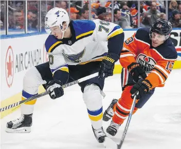  ?? JASON FRANSON/THE CANADIAN PRESS ?? The Edmonton Oilers are hoping the acquisitio­n of veteran forward Michael Cammalleri, right, from Los Angeles will provide a spark for a team that has struggled out of the gate. Cammalleri made his Oilers’ debut in a 4-1 loss to St. Louis on Thursday.