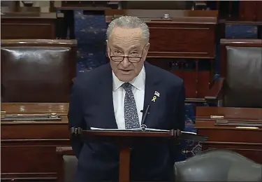  ?? SENATE TV VIA AP ?? In this image from video provided by Senate TV, Senate Majority Leader Chuck Schumer, D-N.Y., speaks on the Senate floor at the Capitol in Washington on Thursday. Schumer is calling on Israel to hold new elections. Schumer says he believes Israeli Prime Minister Benjamin Netanyahu has “lost his way” amid the Israeli bombardmen­t of Gaza and a growing humanitari­an crisis there. Schumer is the first Jewish majority leader in the Senate and the highest-ranking Jewish official in the U.S.