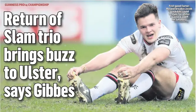  ??  ?? Feel-good factor: Record breaker Jacob Stockdale could feature for Ulster against Cardiff
on Saturday
