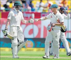  ?? PTI ?? Steve Smith’s (left) 134run stand with David Warner helped Australia reach 300. Smith, who made 111, is on way to becoming one of the best batsmen Australia have produced, feels Matthew Wade.