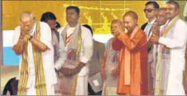  ?? RAJESH KUMAR/HT ?? Prime Minister Narendra Modi with UP governor Anandiben Patel, chief minister Yogi Adityanath and others at the inaugurati­on of the Kashi Tamil Sangamam, in Varanasi on Saturday.