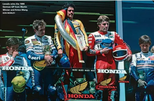  ?? DON MORLEY. ?? Lavado wins the 1986 German GP from Martin Winner and Anton Mang.