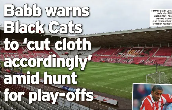  ?? ?? Former Black Cats defender Phil Babb (inset) has warned his old club to keep their situation realistic