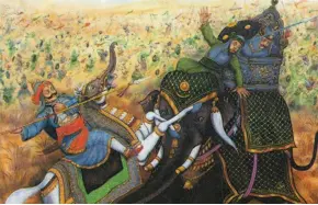  ??  ?? An illustrati­on from the Rajasthan seventh-grade social science textbook, showing the sixteenth-century Hindu ruler Maharana Pratap fighting a Muslim warrior in the Battle of Haldighati. Though Pratap retreated from the battlefiel­d into a nearby mountain range, the textbook claims he won and ‘display[ed] his unmatched power.’