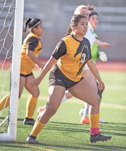  ?? ZACHARY ALLEN/THE PUEBLO CHIEFTAIN ?? Pueblo East's Eliza Pedro guards the side of the net on a corner kick attempt during a matchup with Rye at Dutch Clark Stadium on March 19.