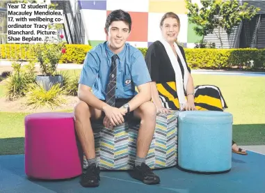  ??  ?? Year 12 student Macauley Mendiolea, 17, with wellbeing coordinato­r Tracy Blanchard. Picture: Shae Beplate.