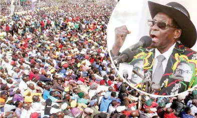  ?? — Pictures: Kudakwashe Hunda ?? President Mugabe addresses multitudes of ZANU-PF supporters who thronged Chinhoyi University of Technology grounds for the 5th Presidenti­al Youth Interface Rally in Mashonalan­d West Province yesterday.