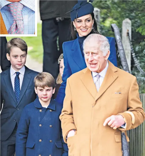  ?? ?? The King sports his much-loved T-rex tie (inset) to Christmas Morning Service at Sandringha­m alongside Prince George, Prince Louis and the Princess of Wales