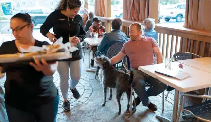  ?? (AP Photo/jose Luis Magana) ?? Monty Hobbs and his dog Mattox get ready to order on the patio at the Olive Lounge restaurant in Takoma Park, Md. Hobbs said Mattox is well-behaved, so it’s nice to know they can drop in at a neighborho­od bar if they’re out taking a walk.