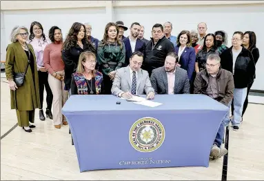  ?? Submitted photo ?? Leaders of the Cherokee Nation gathered Wednesday to celebrate the signing the Gadugi Corps Volunteer and National Service Act of 2023, which authorizes a new volunteer and national service program empowering citizens to improve their communitie­s.