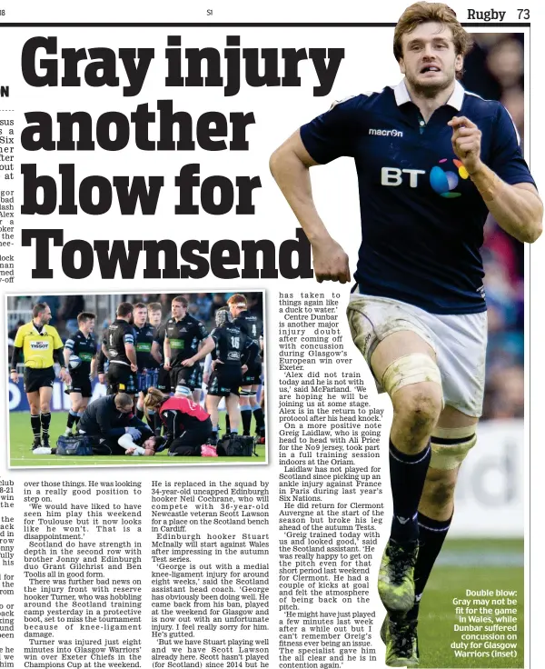  ??  ?? Double blow: Gray may not be fit for the game in Wales, while Dunbar suffered concussion on duty for Glasgow Warriors (inset)