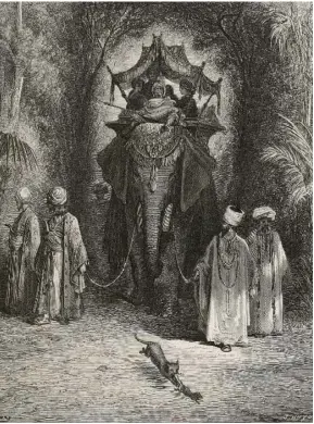  ??  ?? Des gravures sur bois datant de 1868 et signées du peintre Gustave Doré illustrent les célèbres « Fables ». Ici « le Rat et l’Elephant ».