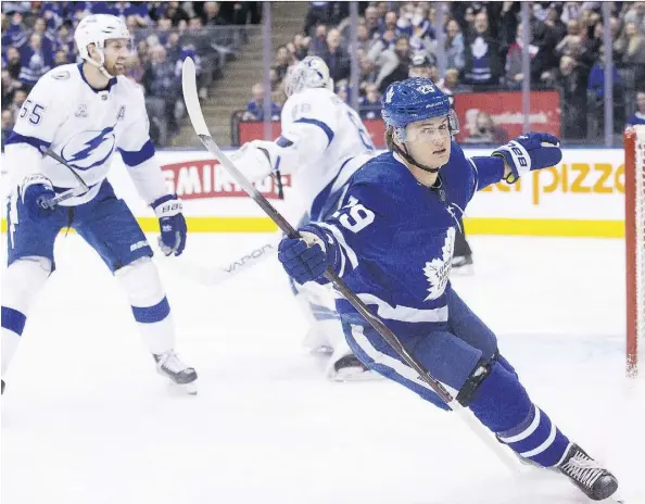  ?? CHRIS YOUNG/THE CANADIAN PRESS ?? Maple Leafs forward William Nylander celebrates one of his two goals Monday in a win over Tampa Bay in Toronto.