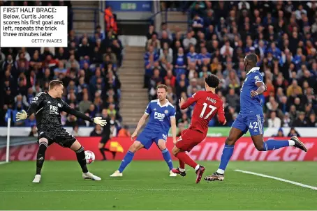  ?? GETTY IMAGES ?? FIRST HALF BRACE: Below, Curtis Jones scores his first goal and, left, repeats the trick three minutes later