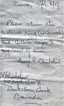  ?? CANADIANLE­TTERS.CA/VIU ?? The handwritte­n will of George Chisholm, who asked that his ruby ring and Gillette razor be given to his next of kin should he die in battle.