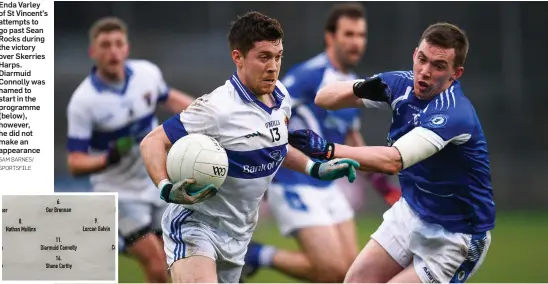  ?? SAM BARNES/ SPORTSFILE ?? Enda Varley of St Vincent’s attempts to go past Sean Rocks during the victory over Skerries Harps. Diarmuid Connolly was named to start in the programme (below), however, he did not make an appearance