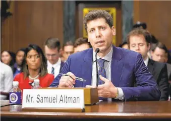  ?? PATRICK SEMANSKY AP ?? OpenAI CEO Sam Altman speaks before a Senate panel hearing on artificial intelligen­ce. The overall tone of senators’ questionin­g was polite, a contrast to past congressio­nal hearings with tech executives.