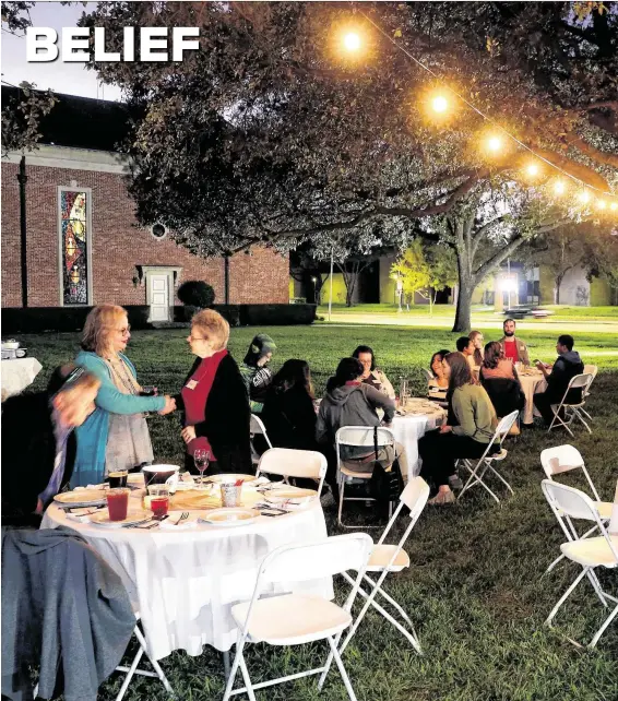  ?? Photos by Michael Wyke / Contributo­r ?? Gastrochur­ch attendees gather outside of the Westminste­r United Methodist Church for dinner and lively spiritual discussion.