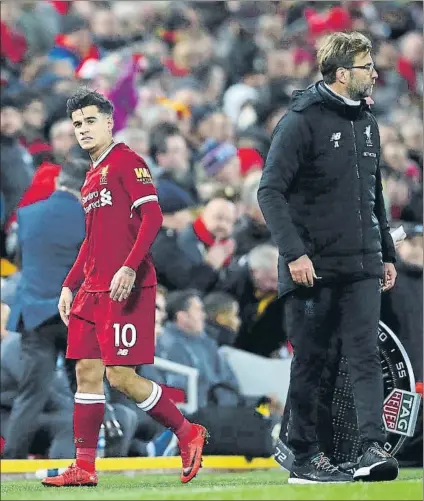  ?? FOTO: GETTY ?? Coutinho, tras ser sustituido en el último partido que disputó en Anfield. Ante el Burnley no estuvo en la lista de convocados