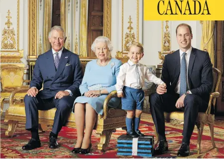  ?? RANALD MACKECHNIE / ROYAL MAIL / PA WIRE / AFP PHOTO ?? Four generation­s, from left: Britain’s Prince Charles, Prince of Wales, Queen Elizabeth II, Prince George and Prince William, Duke of Cambridge, at Buckingham Palace in London. A stamp sheet, made from the photograph was released to celebrate the Queen’s 90th birthday.