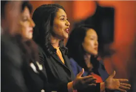  ?? Carlos Avila Gonzalez / The Chronicle ?? London Breed (center), flanked by opponents Angela Alioto (left) and Jane Kim, answers a question at last Monday’s mayoral debate at the City Club.