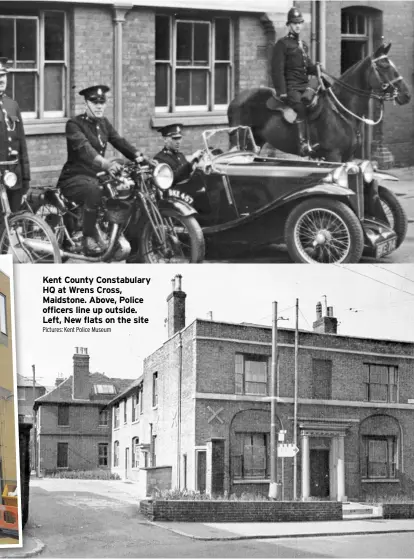  ??  ?? Kent County Constabula­ry HQ at Wrens Cross, Maidstone. Above, Police officers line up outside. Left, New flats on the site